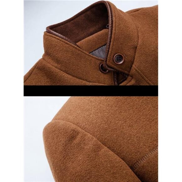 Men's Gentle Band Collar Single Breasted Wool Blend Pea Coat Brown - Picture 3 of 7